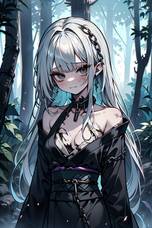 white hair, black eyes, dirty and poor black kimono, sad face, lost, sad smile, slave, chains, bangs, in the forest at night, high quality, absurd, the human who longed for freedom, long hair, masterpiece, excellent quality, excellent quality, perfect face,teenager, small breasts, 16 year old appearance,scars, depressed, poor, torn clothes.


