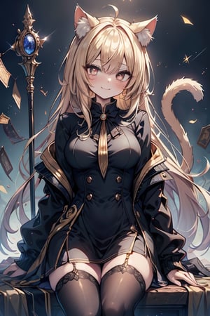 blonde, golden eyes, scholar, black jacket, elegant white, long golden stockings, confident smile, cat ears, 1 cat tail, nekomata, arrogant, narcissite, the most intelligent woman in the world, bearer of the eyes of knowledge, the combat genius, laughter, masterpiece, good quality, excellent quality, AIR_BETWEEN_EYES, STAFF, golden eyes, the pride fairy, long hair, perfect face, bright pupils (finely detailed). beautiful eyes,
