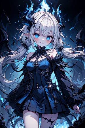 white hair, deep blue eyes, aura of dark power, the primordial of the underworld, goddess of flames, sadistic, pointed ears, blue dress with white edges, right hand of lucifer, primordial goddess, masterpiece, very good quality, excellent quality , perfect face, small breasts, evil smile, egocentric, eyes with blue flames, horns, long sleeve, miniskirt, gothic, two pigtails, emanates the power of destruction, loli, small body, clothes burning with blue fire

