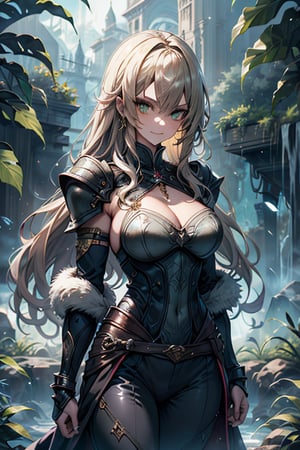 Woman with light blonde hair, big, tall, the strongest warrior in the world, plate armor, cold jacket, pantyhouse, bracers, chest, green eyes, friendly, free spirit, religious, valley of plants, no bangs, long hair , charming smile, a wonderful person, medium breasts, long stockings, long pants, long robe,golden armor, black clothes, groomed hair
