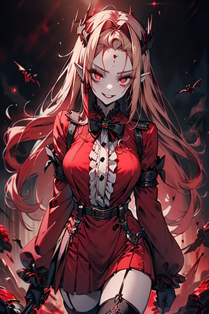 an arrogant woman, blonde, cold-blooded murderer, the final enemy of this world, medium breasts, pointed ears, vampire, eyes red like blood, smiling mischievously, red bowtie scarf, red suit with skirt with black borders, black crosses on his forehead, very pale skin, high_resolution, best quality, extremely detailed, HD, 8K, 1 girl, solo, sexy_figure, hot, 170 cm, tall_girl, LONG HAIR, DIAMOND THROAT, BLACK ASCOT, SEPARATED NECK, CENTER Ruffles, RED DRESS, RED SEPARATED SLEEVES, RED BELT, SKIRT WHITE, RED THIGH BOOTS, RED SUSPENDERS.TIARA,She represents death, the false goddess of putrefaction.

,Baobhan