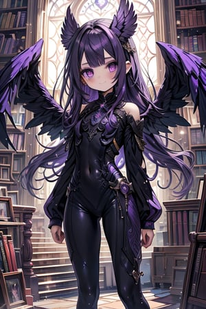 bird wings, purple hair, long hair, teenager, 14 years old, genius, the smartest woman in the world, confident, purple eyes, no bangs, wizard combat suit, black leggings, magic library, lover of knowledge, capricious, enthusiastic, slight smile, protective of her family, masterpiece, good quality, very good quality, excellent quality, perfect face, Amazon woman, brown wings, big wings, wavy hair, small woman, loli.
