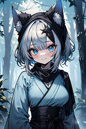 white blue hair, blue eyes, blue kimono suit with black edges, friendly face, a black spandex that covers his entire body, headscarf, killer, happy smile, bangs, in the forest at night, masterpiece, detailed, high quality, absurd, the strongest human of all, bringer of the world's hope, short hair, black lycra, masterpiece, excellent quality, excellent quality, perfect face, medium breasts, black scarf, kitsune ears.

