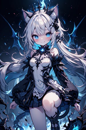 white hair, deep blue eyes, aura of dark power, the primordial of the underworld, goddess of flames, sadist, cat ears, cat tail, white dress with blue edges, right hand of lucifer, primordial goddess, masterpiece, very good quality, excellent quality, perfect face, small breasts, evil smile, self-centered, eyes with blue flames, horns, long sleeve, miniskirt, gothic, long hair, emanates the power of destruction, loli, small woman

