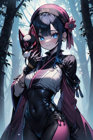 dark blue hair, blue eyes, pink kimono outfit with black edges, friendly face, a black spandex that covers his entire body, headscarf, killer, happy smile, bangs, in the forest at night, masterpiece, detailed, high quality, absurd, the strongest human of all, bringer of the world's hope, short hair, black lycra, black pantyhouse, masterpiece, excellent quality, excellent quality, perfect face, medium breasts,mask on hand, (fox mask, mask on the hand, put on mask)
