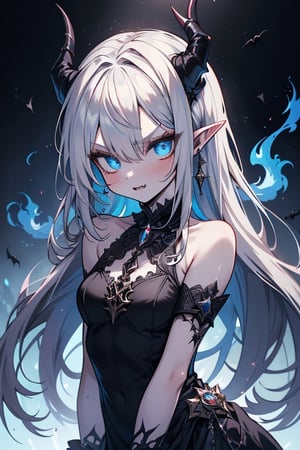 white hair, deep blue eyes, aura of dark power, the most powerful being in the world, queen of darkness, lost look, pointed ears, black dress with blue borders, killer of gods, the one who I finished with Lucifer, incarnation of the dragon gods, masterpiece, very good quality, excellent quality, perfect face,small breasts, serious and arrogant face, quiet, kuudere, eyes with blue flames, looking down, as if she were on top of the world,horns, vampire fangs, fake goddess, bare shoulders, long skirt, gothic.
