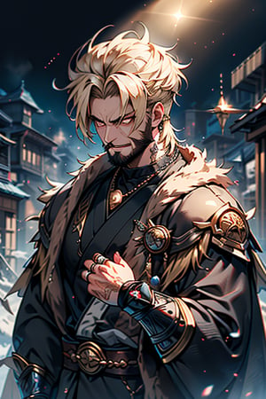 Blonde, short hair, golden eyes, asshole, male, strong, friendly, antisocial, long black kimono, goofy, warrior, perfect face, good quality, excellent quality, masterpiece, burly, ring beard

