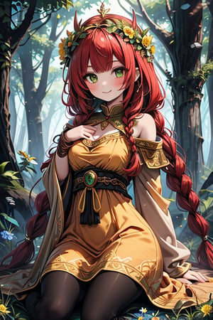 noble woman, princess, red hair, long braid, forest, medium chest, warrior, druid, green eyes, yellow dress,  good quality, masterpiece, hight,black pantyhose,loved by nature, kind face, noble smile, leader,green flower priestess costume,  flower crown.
