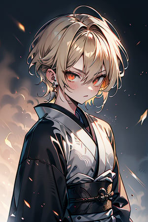 Blonde, short hair, golden eyes, asshole, man, strong, friendly, antisocial, long black kimono, silly, warrior, perfect face, good quality, excellent quality, masterpiece,
