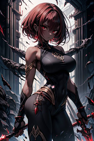 The queen of the abyss, formidable warrior, dark red hair, short hair, black combat lycra close to the body, black eyes, the fastest woman in the world, tall, powerful, red spear, masterpiece, good quality, Excellent quality, good resolution. Penetrating, expressive eyes and an athletic, powerful figure that reflects her combat prowess,  pure darkness, alone, she is the darkness, the night, no light is seen, dark room,skin gray as ash,dark skin.