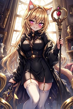 blonde, golden eyes, scholar, black jacket, elegant white, long golden stockings, confident smile, cat ears, 1 cat tail, nekomata, arrogant, narcissite, the most intelligent woman in the world, bearer of the eyes of knowledge, the combat genius, laughter, masterpiece, good quality, excellent quality, AIR_BETWEEN_EYES, STAFF, golden eyes, the pride fairy, long hair, perfect face, bright pupils (finely detailed). beautiful eyes,
