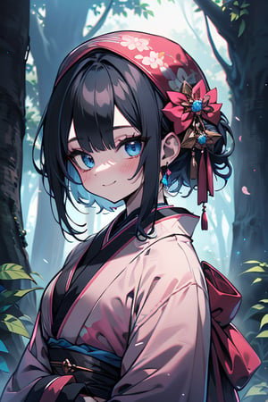 dark blue hair, blue eyes, pink kimono outfit with black edges, friendly face, a black spandex that covers his entire body, headscarf, killer, happy smile, bangs, in the forest at night, masterpiece, detailed, high quality, absurd, the strongest human of all, bringer of the world's hope, short hair, black lycra, masterpiece, excellent quality, excellent quality, perfect face.
