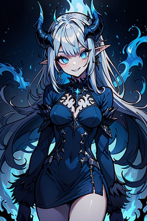 dark blue hair, deep blue eyes, aura of dark power, the primordial of the underworld, goddess of flames, sadistic, pointed ears, blue dress with white edges, right hand of lucifer, primordial goddess, masterpiece, very good quality, excellent quality , perfect face, small breasts, evil smile, egocentric, eyes with blue flames, horns, long sleeve, miniskirt, gothic, very long hair, emanates the power of destruction, adult, clothes burning with blue fire

