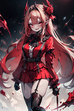 an arrogant woman, blonde, cold-blooded murderer, the final enemy of this world, medium breasts, pointed ears, vampire, eyes red like blood, smiling mischievously, red bowtie scarf, red suit with skirt with black borders, black crosses on his forehead, very pale skin, high_resolution, best quality, extremely detailed, HD, 8K, 1 girl, solo, sexy_figure, hot, 170 cm, tall_girl, LONG HAIR, DIAMOND THROAT, BLACK ASCOT, SEPARATED NECK, CENTER Ruffles, RED DRESS, RED SEPARATED SLEEVES, RED BELT, SKIRT WHITE, RED THIGH BOOTS, RED SUSPENDERS.TIARA,She represents death, the false goddess of putrefaction.

,Baobhan