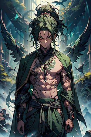 dark green hair, green eyes, hair in a ponytail, Buddhist, man, green robe, wide priest's pants, the strongest creature of all, the one sent by God, the shapeshifter, defined abdomen, masterpiece, perfect face, very good Quality, excellent quality, the warrior of the true gods, serious, monk
