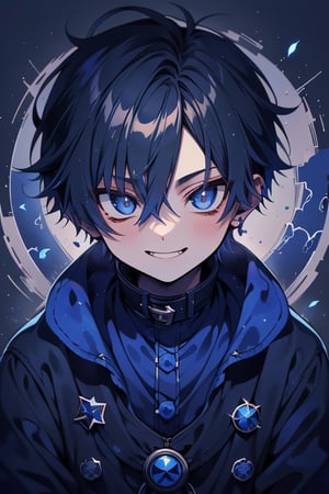 Man, dark blue hair, blue magician tunica, wide pants, friendly face, comedian, black gloves, happy smile, masterpiece, detailed, high quality, absurd, killer, prediction magician, very short hair, masterpiece, excellent quality , excellent quality, perfect face.



