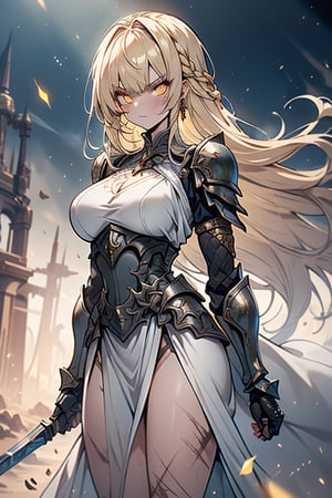 blonde, golden eyes, angry look, long hair, desert knight, hates magic, candys a long elegant white tunic, armor on her hands, legs and arms, gray and white dress, appearance of a warrior, strong woman, scars all over the body, golden eyes, perfect face, very good quality, masterpiece, excellent quality.,yellow eyes,blonde hair