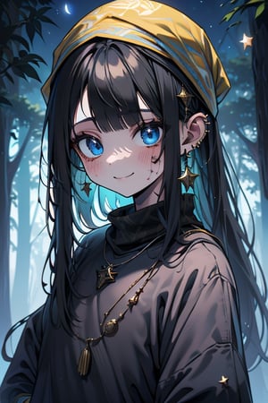 black hair, blue eyes, yellow attush, friendly face, headscarf, little girl, happy smile, bangs, in the forest at night, masterpiece, star earrings, detailed, high quality, absurd , strongest human being of all, bearer of the hope of the world, long hair, necklace of scales,perfect face,8 year old girl,
,best quality,Poor thing, dirty clothes, mud on the face.
