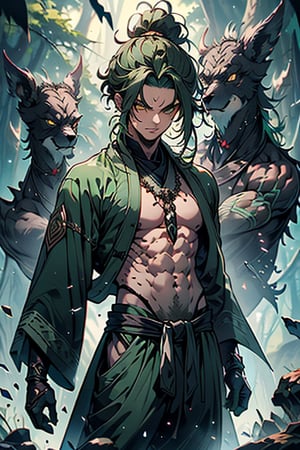 dark green hair, green eyes, hair in a ponytail, Buddhist, man, green robe, wide priest's pants, the strongest creature of all, the one sent by God, the shapeshifter, defined abdomen, masterpiece, perfect face, very good Quality, excellent quality, the warrior of the true gods, serious, monk
