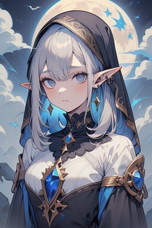 gray hair with blue tones, black witch clothes, moon earrings, gray eyes, dark circles, sleepy, dream witch, pointy ears, elf,  medium hair., veil.