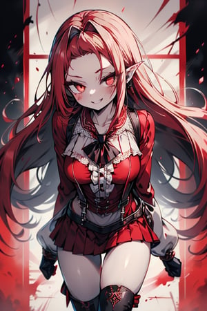 an arrogant woman, blonde, cold-blooded murderer, the final enemy of this world, medium breasts, pointed ears, vampire, eyes red like blood, smiling mischievously, red bowtie scarf, red suit with skirt with black borders, black crosses on his forehead, very pale skin, high_resolution, best quality, extremely detailed, HD, 8K, 1 girl, solo, sexy_figure, hot, 170 cm, tall_girl, LONG HAIR, DIAMOND THROAT, BLACK ASCOT, SEPARATED NECK, CENTER Ruffles, RED DRESS, RED SEPARATED SLEEVES, RED BELT, SKIRT WHITE, RED THIGH BOOTS, RED SUSPENDERS, happy face, adult, pretty eyes, collarbone, thigh gap.
