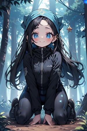 black hair, blue eyes, full body lycra clothing, friendly face, headscarf, little girl, happy smile, in the forest at night, masterpiece, star earrings, detailed, high quality, absurd, strongest human being of all, bearer of the hope of the world, long hair, perfect face, 8 year old girl, best quality, fat, obese.
