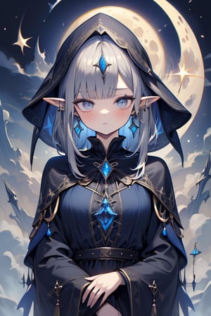 gray hair with blue tones, black witch clothes, moon earrings, gray eyes, dark circles, sleepy, dream witch, pointy ears, elf,  medium hair., veil,masterpiece, detailed, high quality, absurdres.