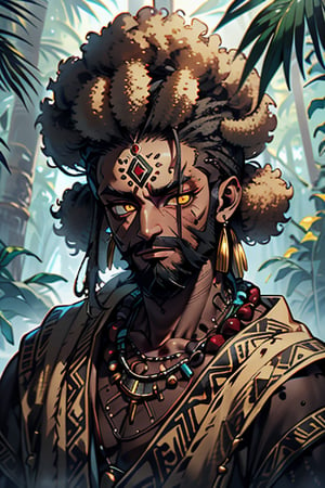 giant, muscular, ugly face, curly hair, black skin, Latin American, tribal clothing, Mayan clothing, bone necklace, dark skin, tan, man, male, thick, golden eyes, yellow eyes, homeless, unfortunate, long beard dirty, skinny, malnourished, haggard face, crazy, jungle, tribal, aztec, afro



