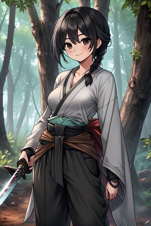 kind woman, black hair, medium hair, hair in braid down to her back, a single braid, dirty clothes, warrior, beast tamer, the killer of gods, black eyes, old clothes, alone, forest, kind smile, innocent, breasts small, tall woman, amazon, samurai, gray kimono jacket ideal for combat, wide pants, happy, friendly, good person, katanas sheathed at her waist, masterpiece, good quality, swords well positioned at her waist, good hands, aquamarine belt, teenager, 15 years old.