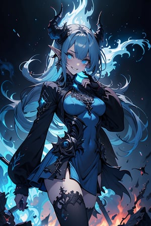 blue hair, deep blue eyes, aura of dark power, the primordial of the underworld, goddess of flames, sadistic, pointed ears, blue dress with white edges, right hand of lucifer, primordial goddess, masterpiece, very good quality, excellent quality , perfect face, small breasts, evil smile, egocentric, eyes with blue flames, horns, long sleeve, miniskirt, gothic, very long hair, emanates the power of destruction, adult, clothes burning with blue fire

