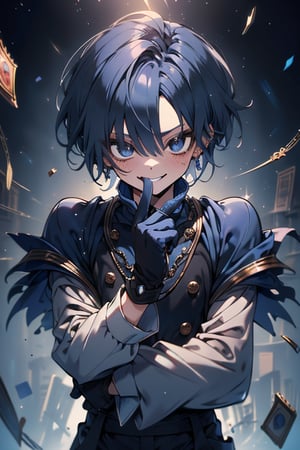 Man, dark blue hair, blue magician tunica, wide pants, friendly face, egocentric, black gloves, happy smile, masterpiece, detailed, high quality, absurd, killer, prediction magician, very short hair, masterpiece, excellent quality , excellent quality, perfect face.



