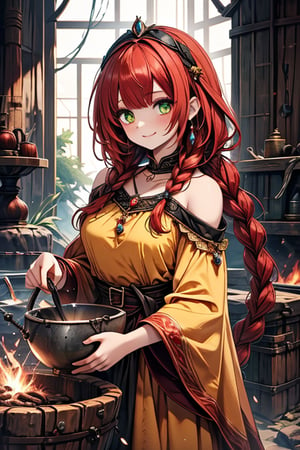 noble woman, princess, red hair, long braid, medium chest, blacksmith, druid, green eyes, yellow dress, good quality, masterpiece, height, blacksmith clothing, loved by nature, kind face, noble smile, leader, articles blacksmith, cauldron, blacksmith workshop.
