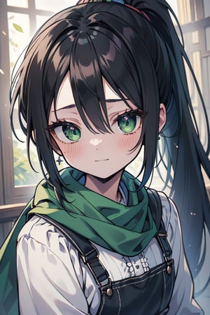 She is a woman of immeasurable beauty, black hair, long hair, green scarf, teenager, green eyes, gesticulated look, happy, egocentric, beautiful clothes, a masterpiece, detailed, high quality, very high resolution, peasant clothes , perfect face, poor, overalls, masterpiece, good quality, excellent quality, hair in a ponytail, headscarflittle girl, loli, young girl

