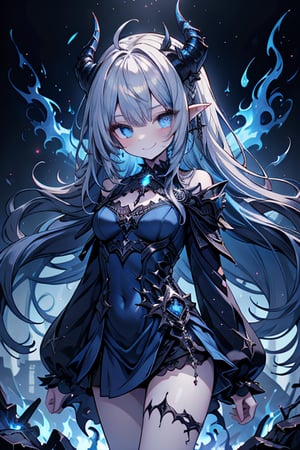 blue hair, deep blue eyes, aura of dark power, the primordial of the underworld, goddess of flames, sadistic, pointed ears, blue dress with white edges, right hand of lucifer, primordial goddess, masterpiece, very good quality, excellent quality , perfect face, small breasts, evil smile, egocentric, eyes with blue flames, horns, long sleeve, miniskirt, gothic, very long hair, emanates the power of destruction, adult, clothes burning with blue fire

