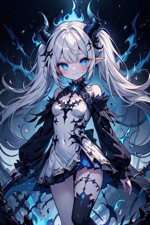 white hair, deep blue eyes, aura of dark power, the primordial of the underworld, goddess of flames, sadistic, pointed ears, white dress with blue edges, right hand of lucifer, primal goddess, masterpiece, very good quality, excellent quality , perfect face, small breasts, evil smile, egocentric, eyes with blue flames, horns, long sleeve, miniskirt, gothic, two pigtails, emanates the power of destruction, loli, small woman

