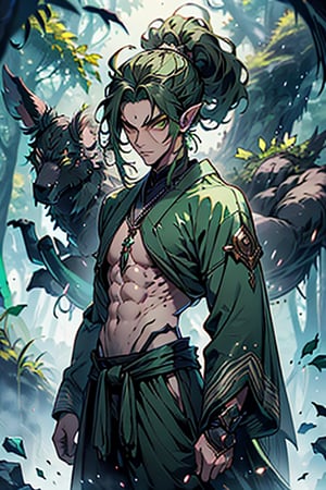 dark green hair, green eyes, hair in ponytail, Buddhist, man, green robe, wide priest's pants, the strongest creature of all, the one sent by God, the shapeshifter, long ears, defined abdomen, masterpiece, face perfect, very good quality, excellent quality, the warrior of the true gods, serious.
