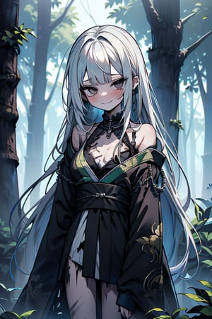 white hair, black eyes, dirty and poor black kimono, sad face, lost, sad smile, slave, chains, bangs, in the forest at night, high quality, absurd, the human who longed for freedom, long hair, masterpiece, excellent quality, excellent quality, perfect face,teenager, small breasts, 16 year old appearance,scars, depressed, poor, torn clothes.


