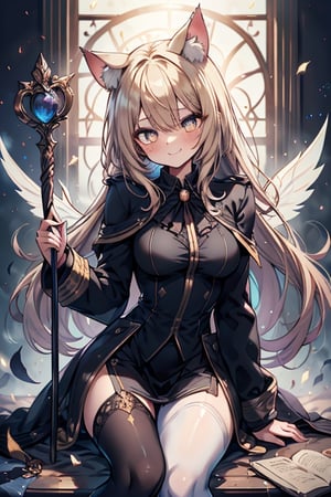 blonde, golden eyes, scholar, black jacket, elegant white, long golden stockings, confident smile, cat ears, 1 cat tail, nekomata, arrogant, narcissite, the most intelligent woman in the world, bearer of the eyes of knowledge, the combat genius, laughter, masterpiece, good quality, excellent quality, AIR_BETWEEN_EYES, STAFF, golden eyes, the pride fairy, long hair, perfect face, bright pupils (finely detailed). beautiful eyes,
