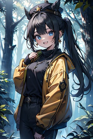 black hair, blue eyes, yellow jacket with black edges, black French hat, friendly face, blue pants, killer, happy smile, bangs, in the forest at night, masterpiece, star earrings, detailed, high quality, absurd, the strongest human of all, bringer of the world's hope, hair in ponytail, long sleeve, masterpiece, excellent quality, excellent quality, perfect face.
