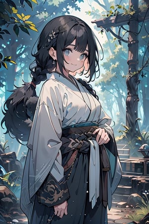 kind woman, black hair, medium hair, hair in braid down to her back, a single braid, dirty clothes, warrior, beast tamer, the killer of gods, black eyes, old clothes, alone, forest, kind smile, innocent, breasts small, tall woman, amazon, samurai, gray kimono jacket ideal for combat, wide pants, happy, friendly, good person,  masterpiece, good quality, swords well positioned at her waist, good hands, aquamarine belt.


