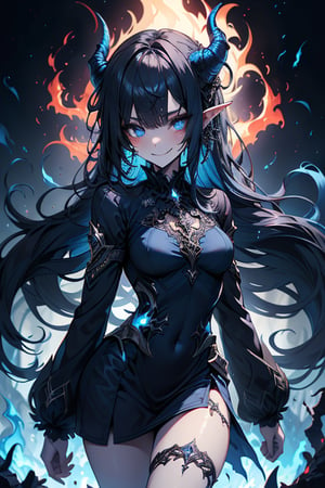 blue hair, deep blue eyes, aura of dark power, the primordial of the underworld, goddess of flames, sadistic, pointed ears, blue dress with white edges, right hand of lucifer, primordial goddess, masterpiece, very good quality, excellent quality , perfect face, small breasts, evil smile, egocentric, eyes with blue flames, horns, long sleeve, miniskirt, gothic, very long hair, emanates the power of destruction, adult, clothes burning with blue fire

