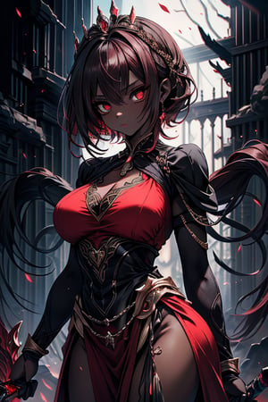 The queen of the abyss, queen costume, dark red hair, short hair, long dress close to the body, black eyes, the fastest woman in the world, tall, powerful, red spear, masterpiece, good quality, excellent quality, good resolution . Penetrating, expressive eyes and an athletic, powerful figure that reflects her skill in combat, pure darkness, alone, she is the darkness, the night, no light is seen, dark room, skin gray as ash, dark skin.
