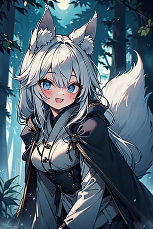 white hair, blue eyes, coat with blue vintage style cape, friendly face, skirt, killer, happy smile, blows, in the forest at night, masterpiece, detailed, high quality, absurd, long hair, black stockings, masterpiece, excellent quality, perfect face, medium breasts, kitsune ears, kitsune tail.

