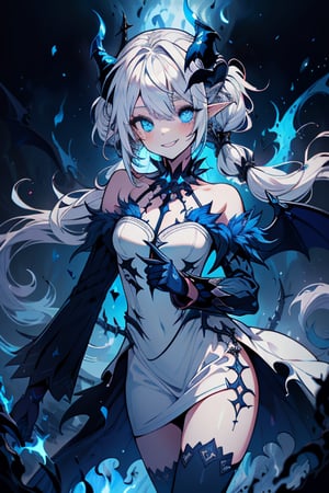 white hair, deep blue eyes, aura of dark power, the primordial of the underworld, goddess of flames, sadistic, pointed ears, white dress with blue edges, right hand of lucifer, primal goddess, masterpiece, very good quality, excellent quality , perfect face, small breasts, evil smile, egocentric, eyes with blue flames, horns, long sleeve, miniskirt, gothic, two pigtails, emanates the power of destruction
