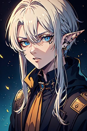 man, white hair, thief clothes, a siscon, arrogant, silly, serious, masterpiece, high quality, 4k, very good resolution,herochromatic, golden right eye and orange left eye, Fade cut for men, blue eyes,Elf's ears,poor,nose piercing, mouth piercing, ear piercing.