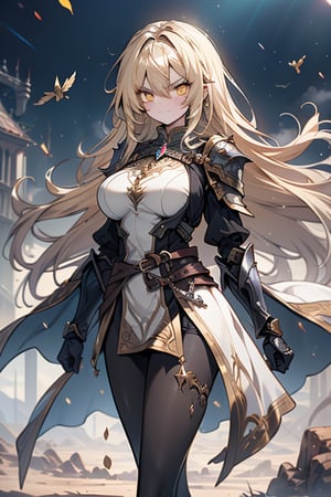 blonde, golden eyes, angry look, long hair, desert knight, hates magic, candys a long elegant white tunic, armor on her hands, legs and arms, gray and white dress, appearance of a warrior, strong woman, scars all over the body, golden eyes, perfect face, very good quality, masterpiece, excellent quality,yellow eyes,blonde hair, black pantyhose
