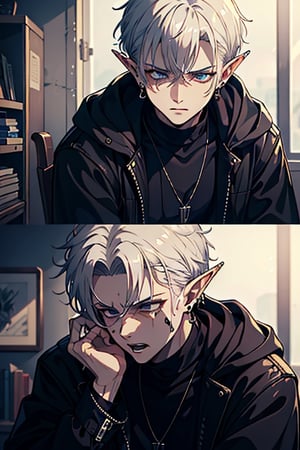 man, white hair, thief clothes, a siscon, arrogant, silly, serious, masterpiece, high quality, 4k, very good resolution,Fade cut for men, blue eyes,Elf's ears,poor,nose piercing, mouth piercing, ear piercing,delinquent, thug,torn black jacket, murderer's clothes, inelegant and dirty clothes.