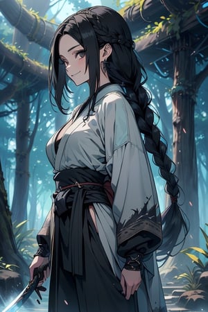 kind woman, black hair, medium hair, hair in braid down to her back, a single braid, dirty clothes, warrior, beast tamer, the killer of gods, black eyes, old clothes, alone, forest, kind smile, innocent, breasts small, tall woman, amazon, samurai, gray kimono jacket ideal for combat, wide pants, happy, friendly, good person, katanas sheathed at her waist, masterpiece, good quality, swords well positioned at her waist, good hands, aquamarine belt, teenager.
