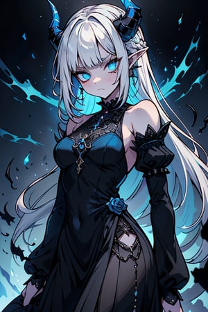 white hair, deep blue eyes, aura of dark power, the most powerful being in the world, queen of darkness, lost look, pointed ears, black dress with blue edges, killer of gods, the one who killed Lucifer, incarnation of the gods dragons, masterpiece, very good quality, excellent quality, perfect face, small breasts, serious face, dazed, calm, kuudere, eyes with blue flames, looking down, as if on top of the world, horns, fake goddess, bare shoulders, long skirt, gothic, Mullet Bangs, staring, sad expression, blue roses in her hair and her dress,emanates the power of chaos within her,black sclera.
