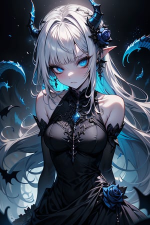 white hair, deep blue eyes, aura of dark power, the most powerful being in the world, queen of darkness, lost look, pointed ears, black dress with blue edges, killer of gods, the one who killed Lucifer, incarnation of the gods dragons, masterpiece, very good quality, excellent quality, perfect face, small breasts, serious face, dazed, calm, kuudere, eyes with blue flames, looking down, as if on top of the world, horns, fake goddess, bare shoulders, long skirt, gothic, Mullet Bangs, staring, sad expression, blue roses in her hair and her dress,emanates the power of chaos within her,black sclera.
